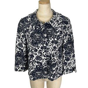 Talbots Petites Women's Blazer jacket 8 blue white floral print snap front